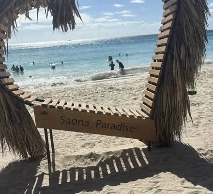 Drewniana huśtawka na plaży na wyspie Saona na Dominikanie: zdjęcie kierunku z aplikacji Turlo