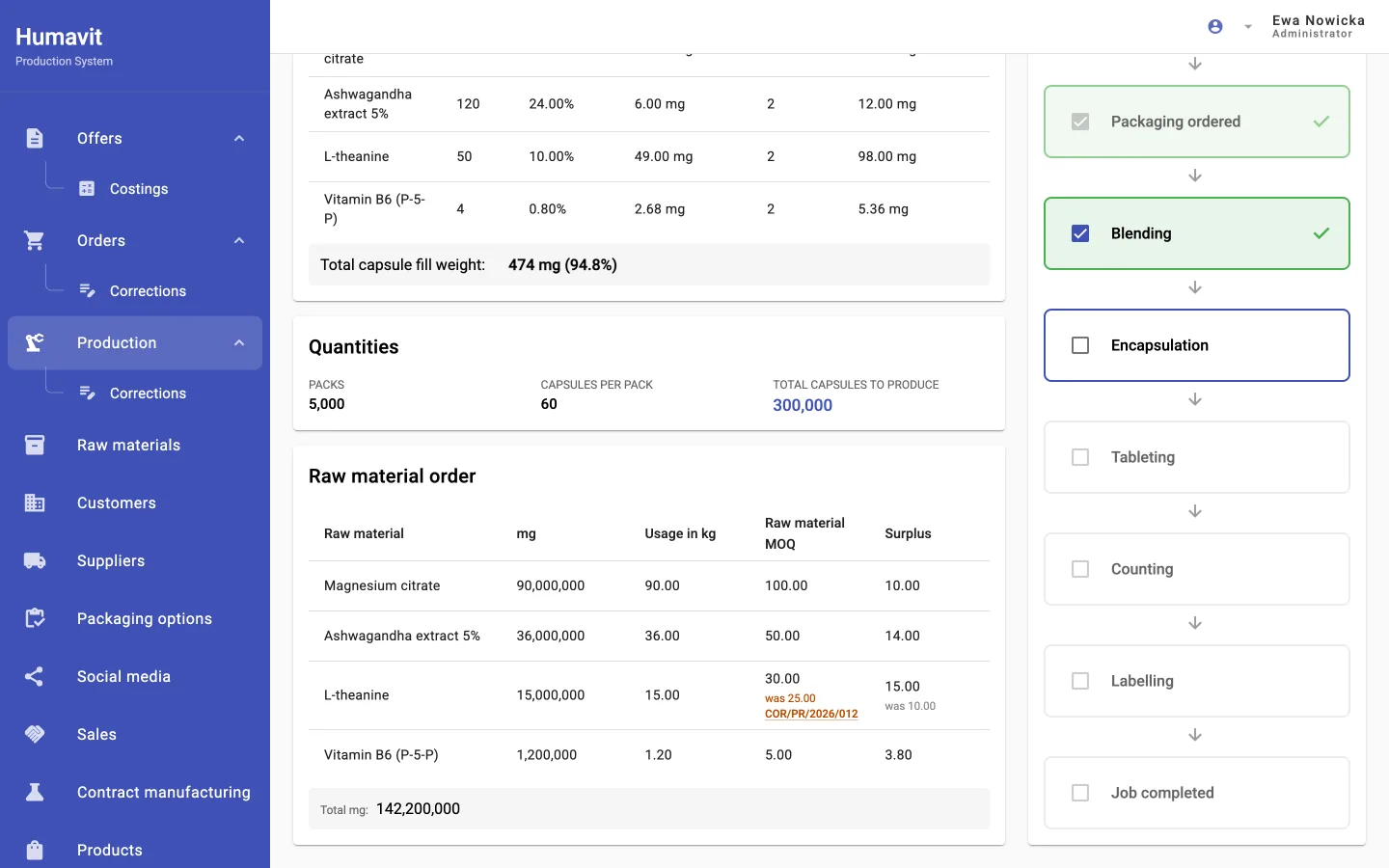 Humavit production system: a production order with the capsule recipe, quantities, the raw-material order and the checklist of production stages