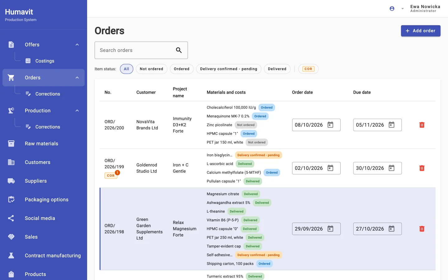 Raw-material orders with the status of every line: not ordered, ordered, delivery confirmed, delivered. App screenshot with fictional data, labels translated from the Polish interface.