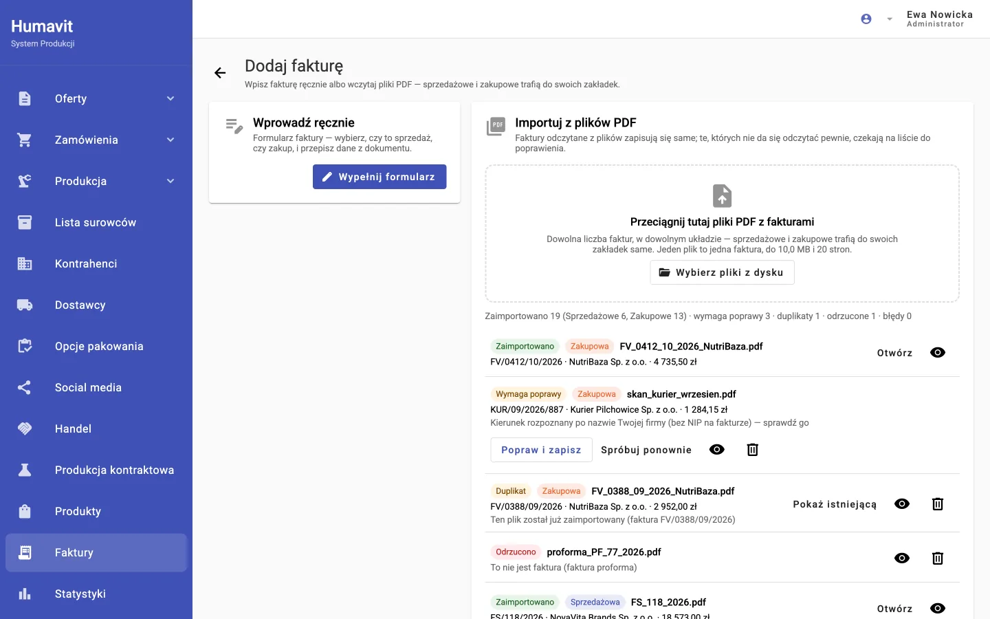 Import faktur PDF z AI: wyniki odczytu z podziałem na sprzedażowe i zakupowe, duplikat, proforma i faktury do poprawy. Zrzut z aplikacji, dane fikcyjne.
