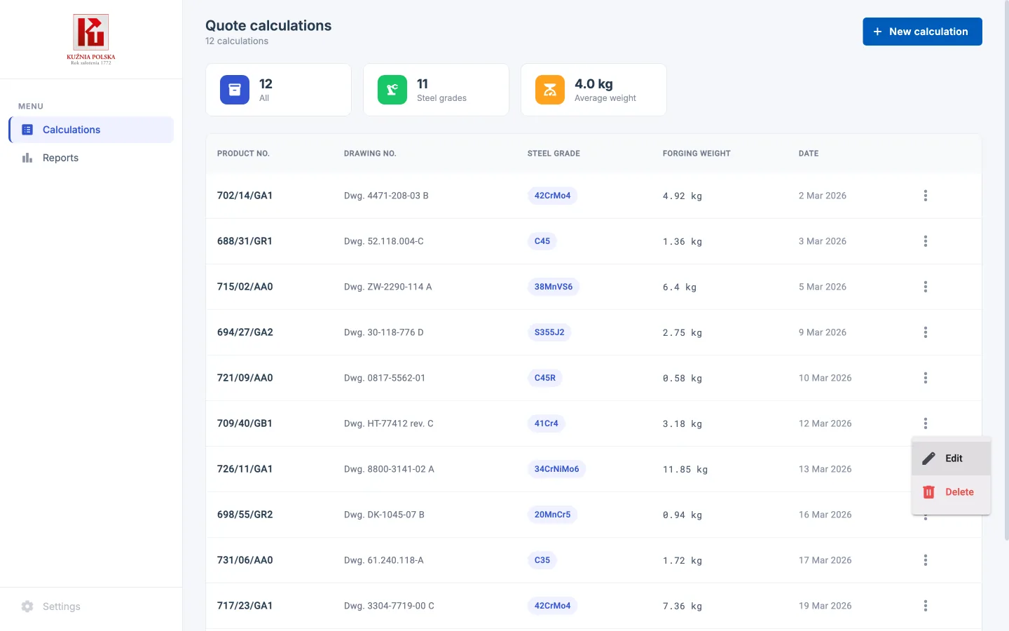 Quote calculation list in the Kuźnia Polska app: product number, customer drawing number, steel grade, forging weight and date (fictional data)