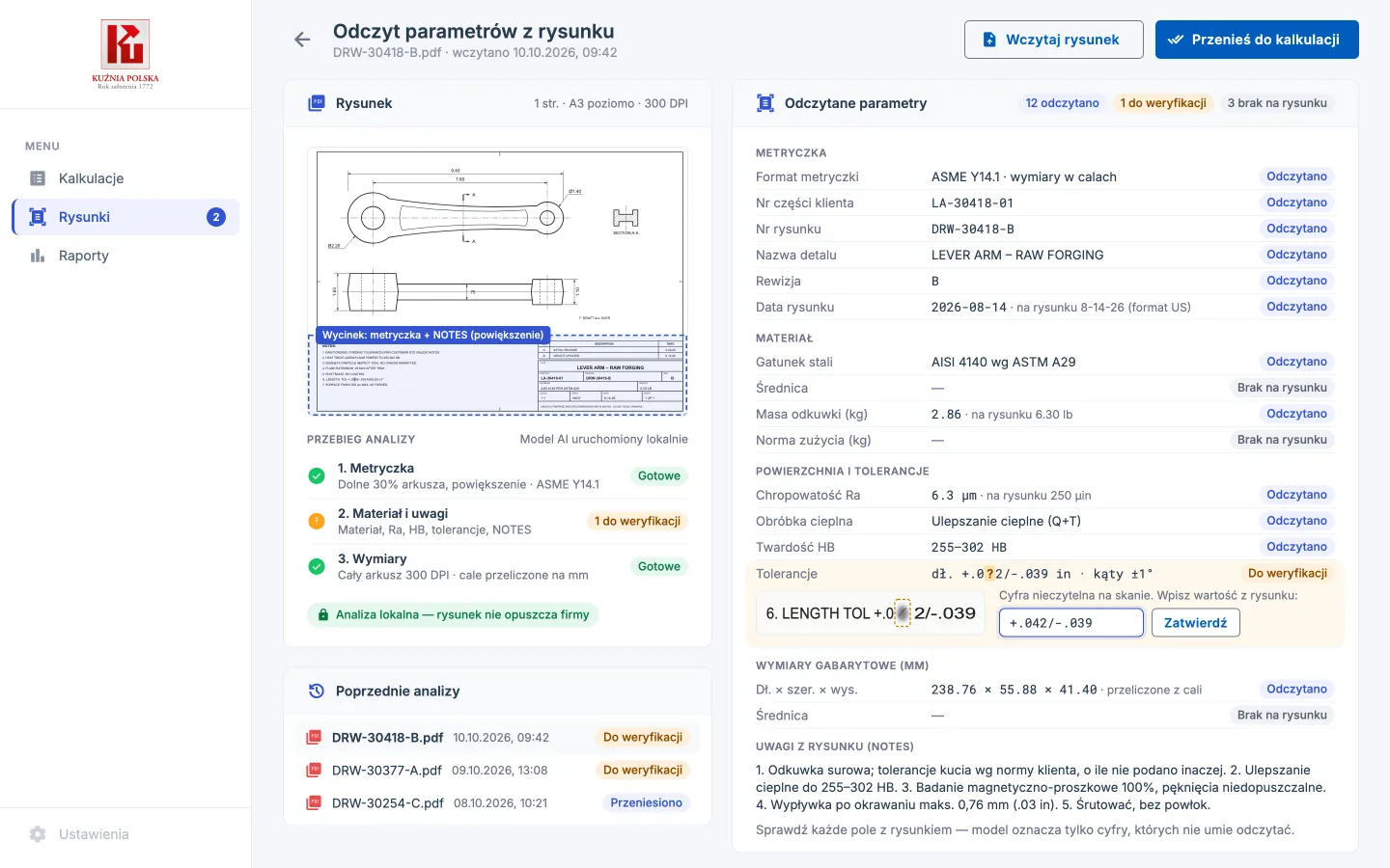 Koncepcja ekranu odczytu rysunku: podgląd PDF z zaznaczoną metryczką, trzy przebiegi analizy i lista odczytanych parametrów, w której jedna nieczytelna cyfra czeka na weryfikację (dane fikcyjne)