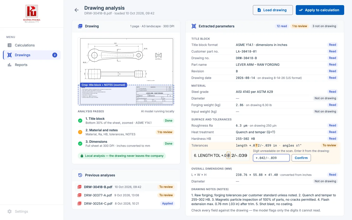 Concept of the drawing analysis screen: PDF preview with the title block marked, three analysis passes and the list of extracted parameters, with one unreadable digit waiting for review (fictional data)