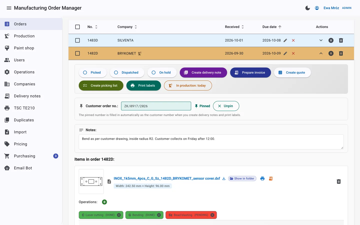 Order list in the app: order 1482D expanded, with buttons for the delivery note, invoice, quote and labels, a pinned customer order number, and DXF items with thumbnails and operations