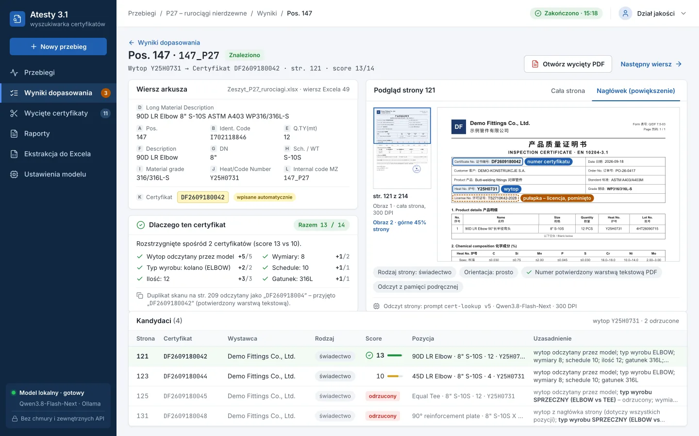 Koncepcja panelu: szczegóły pozycji 147 — wiersz arkusza, rozbicie punktacji 13 z 14, podgląd nagłówka świadectwa z zaznaczonym numerem i wytopem oraz tabela czterech kandydatów, z których dwóch odrzucono