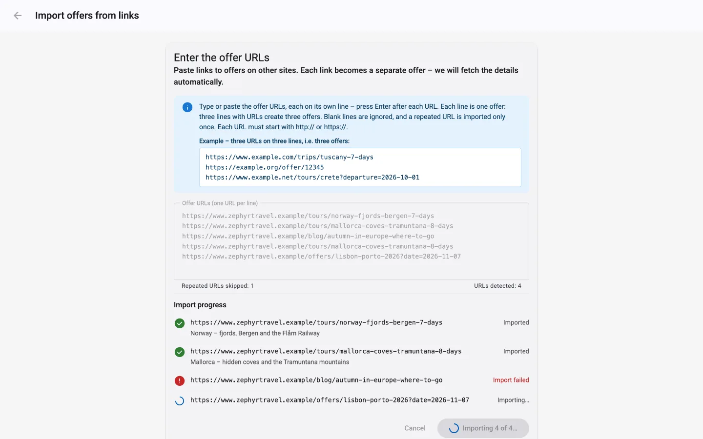 Turlo organizer panel, Import offers from links: pasted tour URLs and the import progress list with the statuses Imported, Import failed and Importing