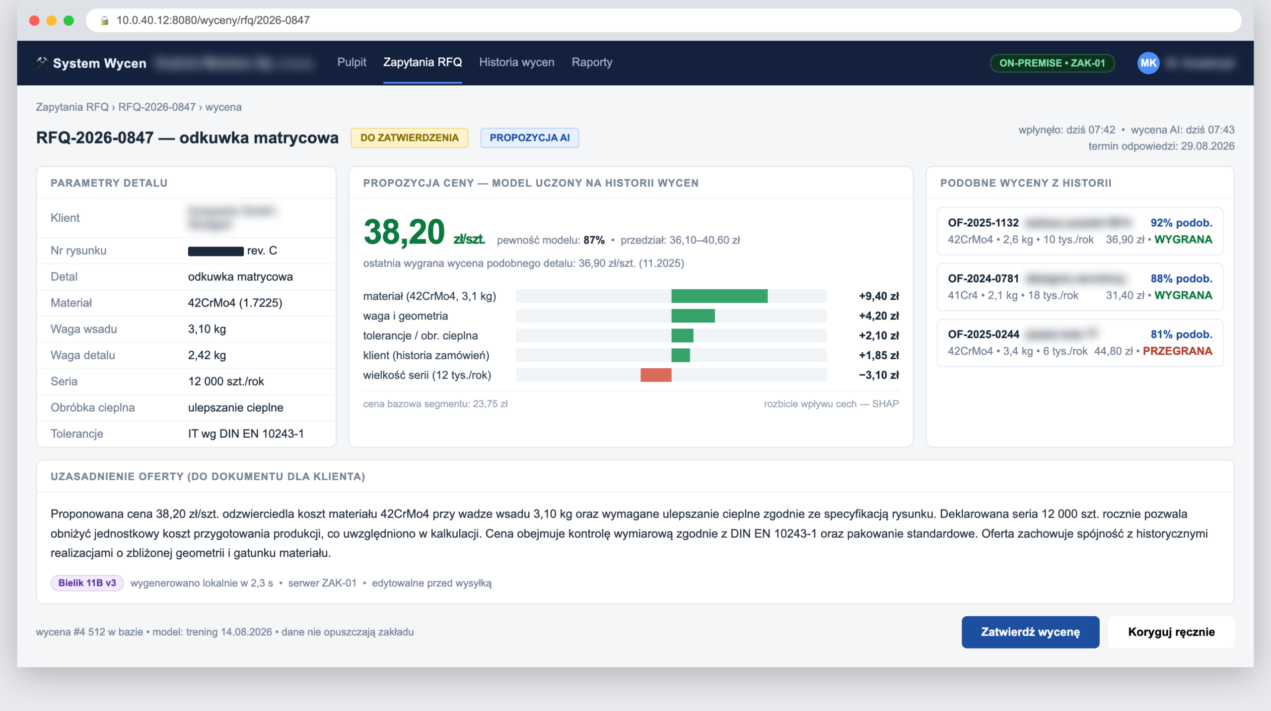 AI w ofertowaniu — system wycen w kuźni: propozycja ceny z rozbiciem SHAP i podobnymi wycenami z historii (dane zanonimizowane)