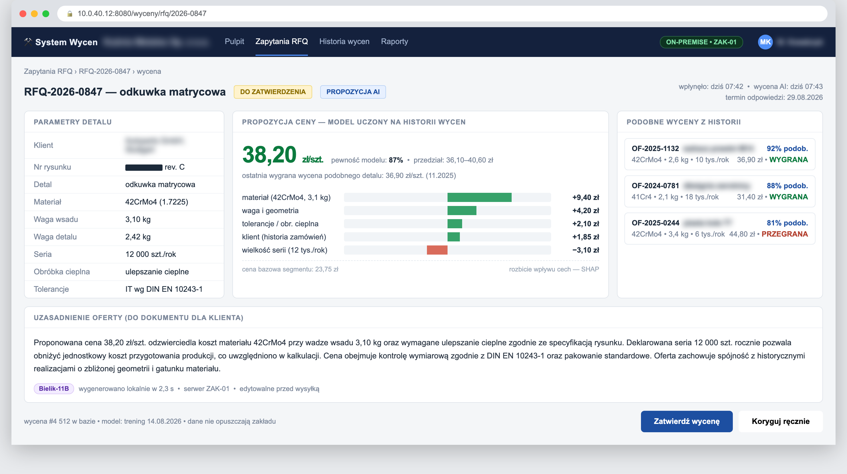 AI w ofertowaniu — system wycen w kuźni: propozycja ceny z rozbiciem SHAP i podobnymi wycenami z historii (dane zanonimizowane)