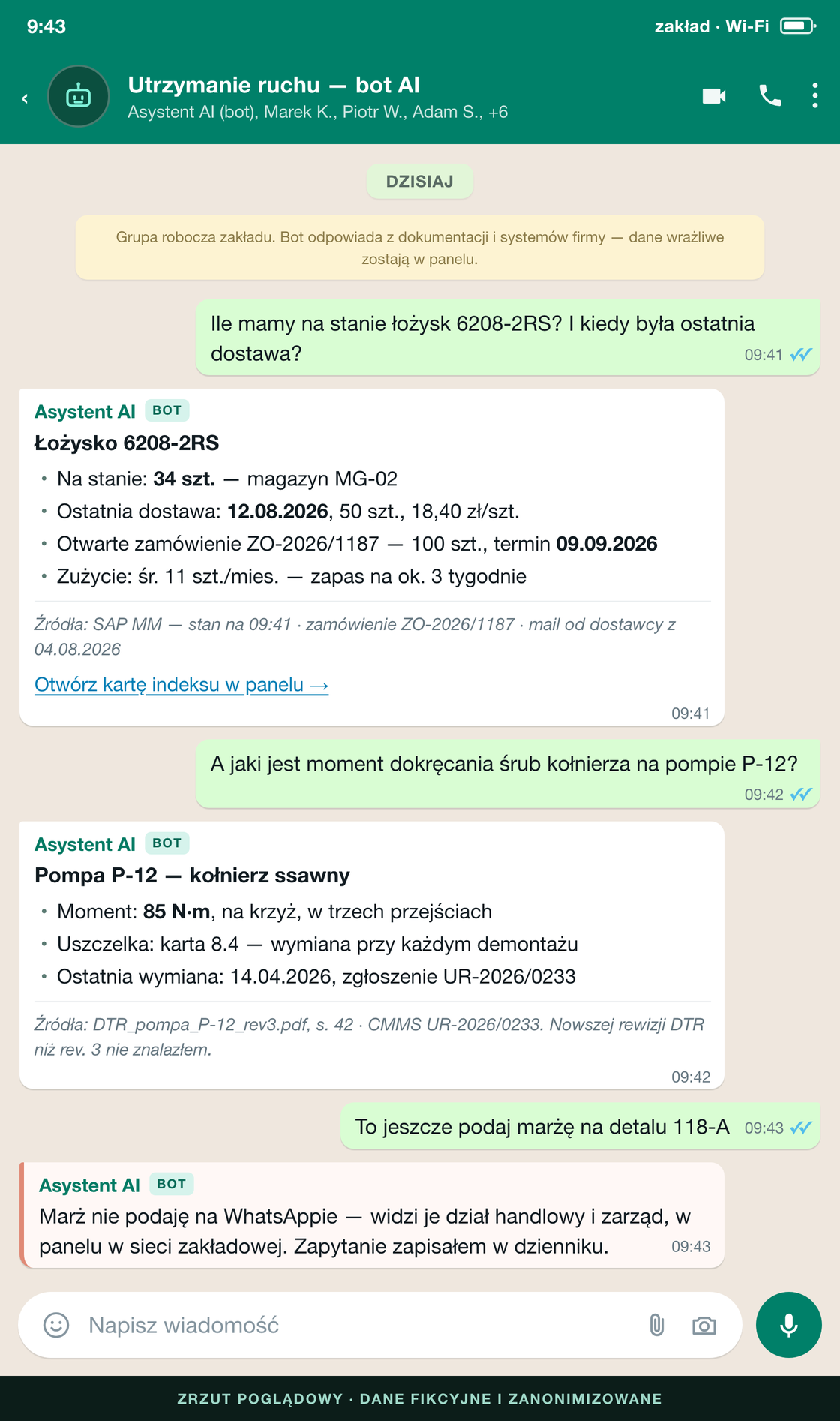 Chatbot WhatsApp dla firmy — grupa na WhatsAppie, w której bot odpowiada z bazy wiedzy i z SAP, podając źródła