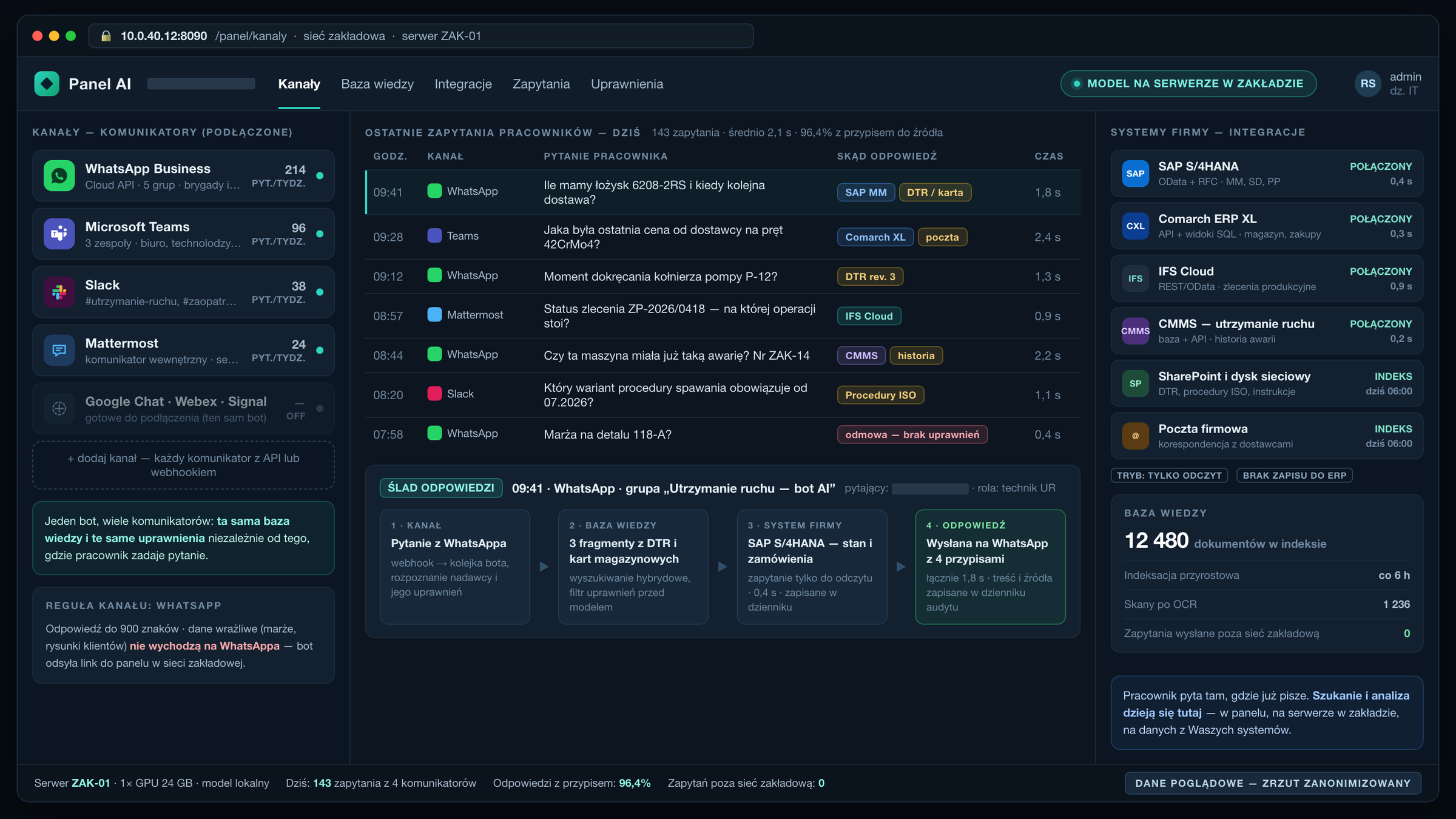 Chatbot WhatsApp dla firmy — panel AI z podłączonymi komunikatorami i integracjami z SAP, Comarch ERP XL i IFS
