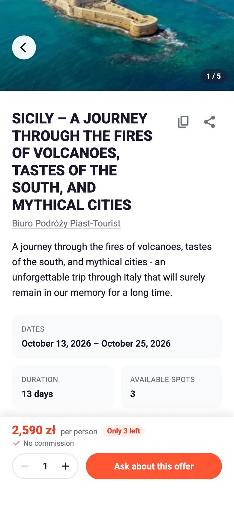 Turlo 2.0 offer page in the app: photo gallery with a 1 / 5 counter, trip title, dates and a bottom bar with the price and an Ask about this offer button